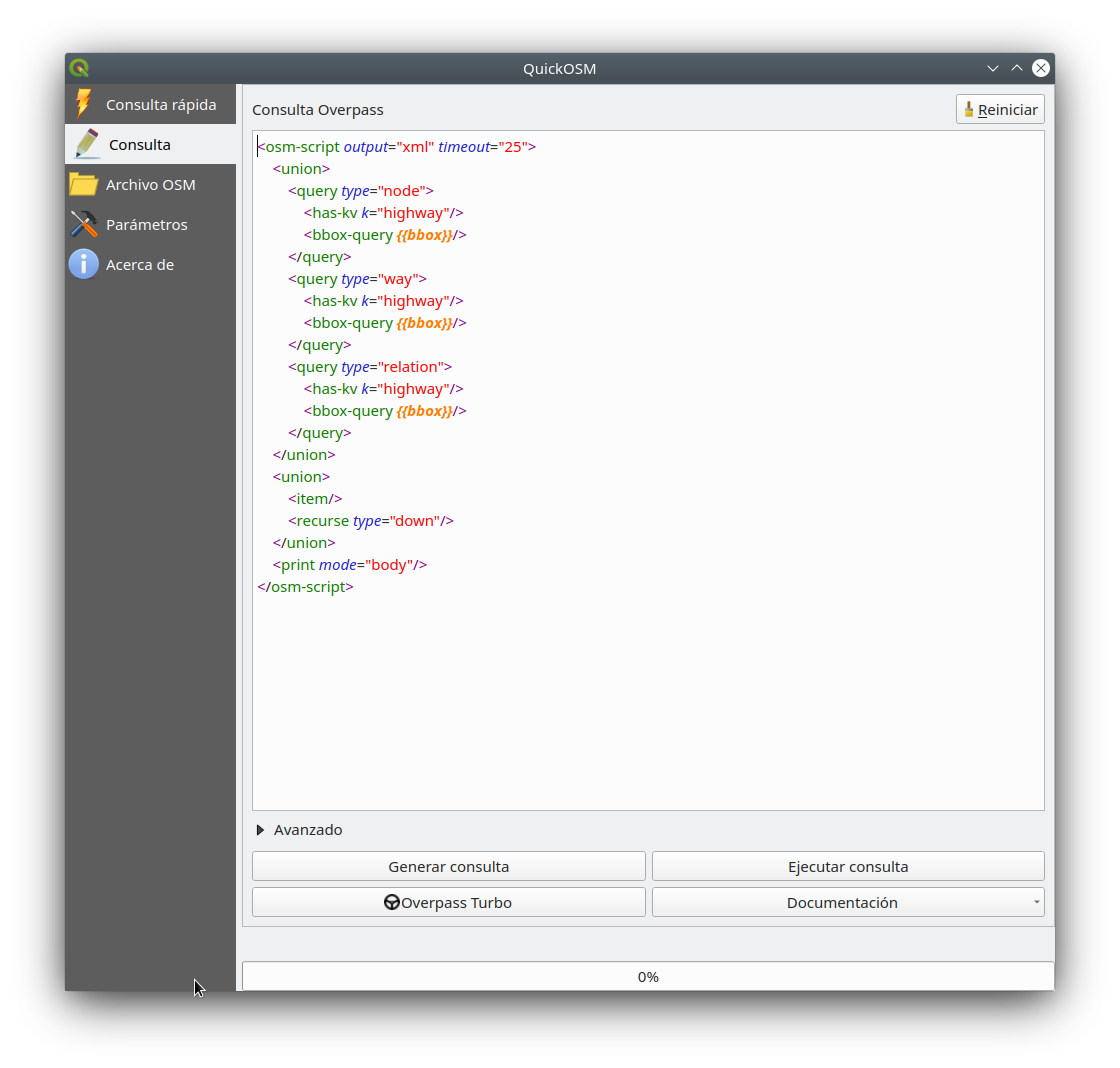 The Overpass query version of the Quick query to load highways