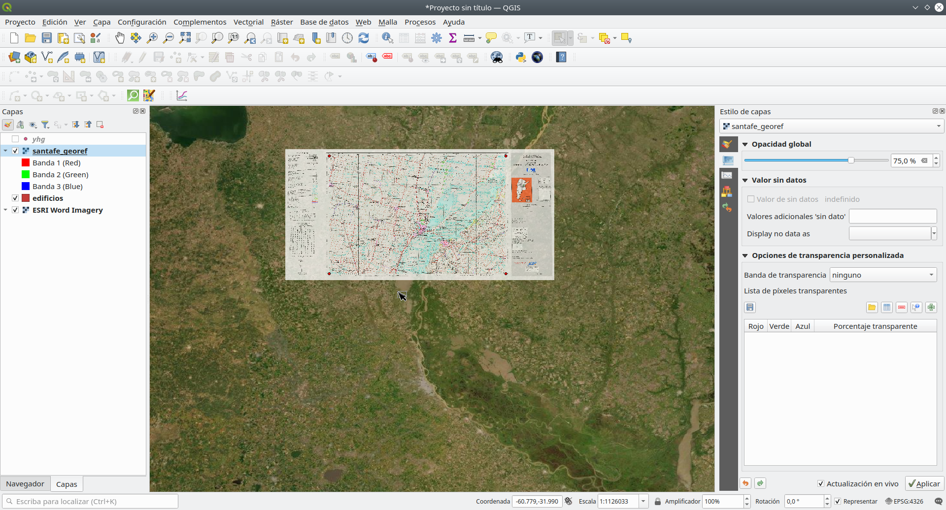 Georeferenced map loaded in QGIS