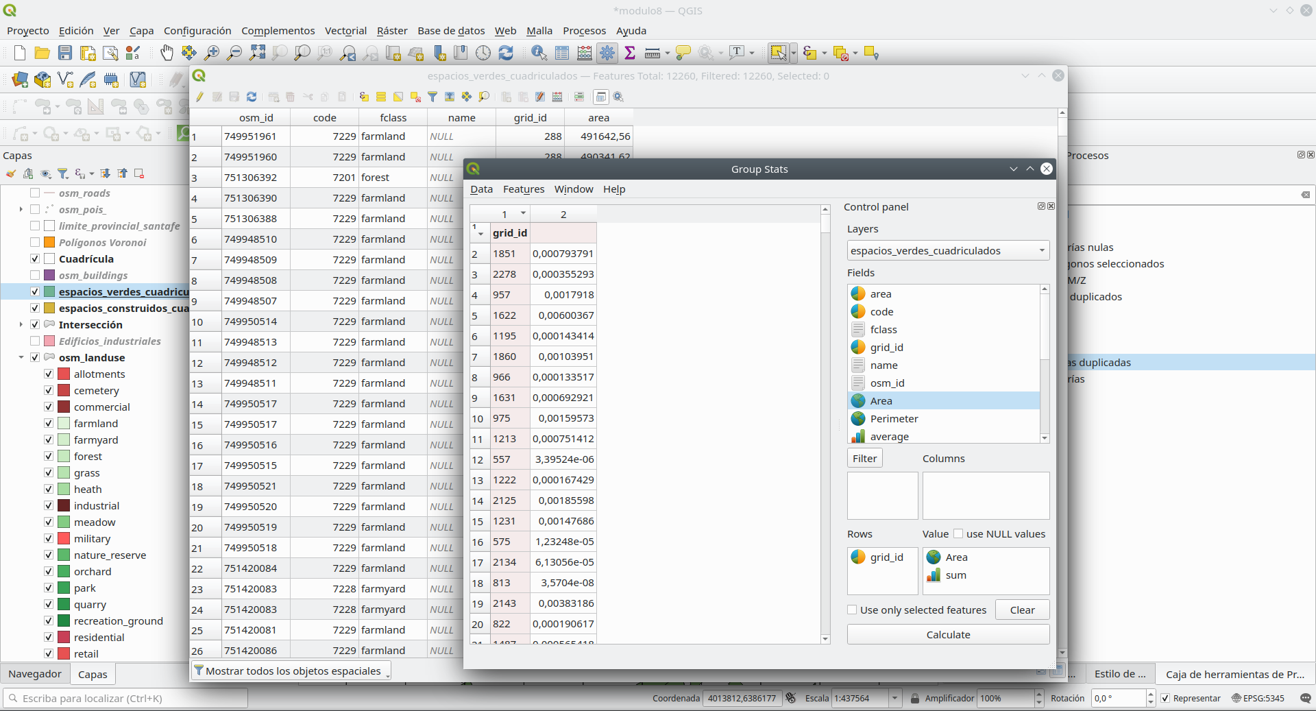 GroupStat parameters setup to sum up the green areas per each 10X10km grid cell