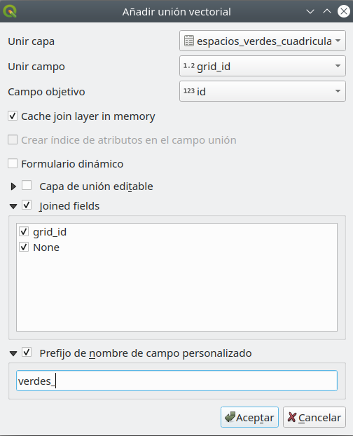 Setting the parameters to join by common field grid_id/id the sums of green and built-up spaces for each grid cell - 10X10km unit