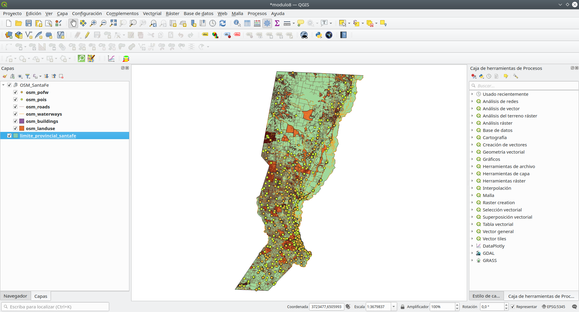 Loaded vector data sets: points, line and polygons