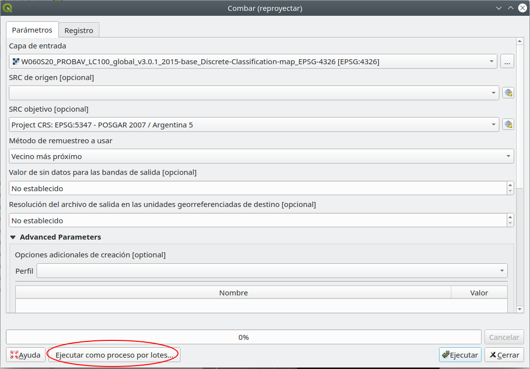 Batch processing tab on a QGIS functionality window