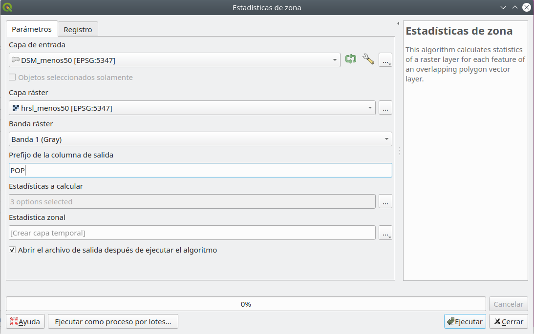 Setting the parameters for Zonal Statistics