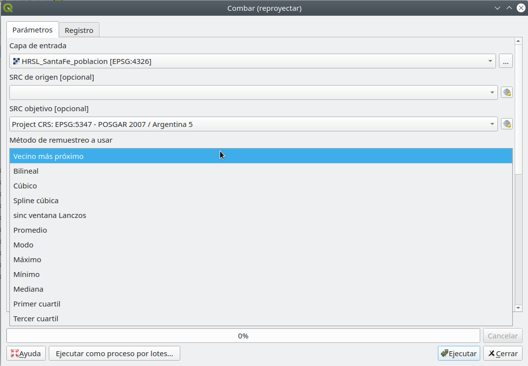 Warp (reproject) QGIS window