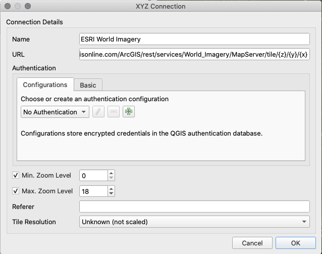 Adding an XYZ connection in QGIS