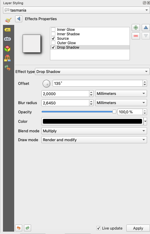 Effects properties dialogue