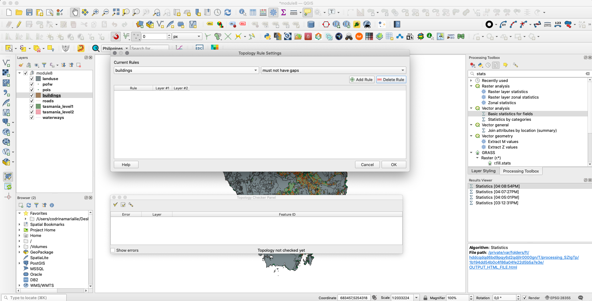 Topology rules dropdown menu based on the selected layer