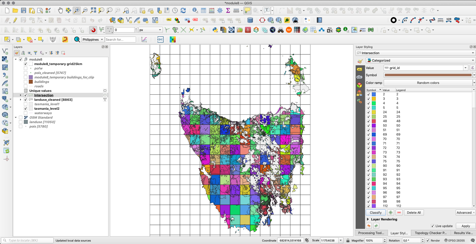 Result of running the intersection algorithm to clip the landuse vector polygons to the grid layer