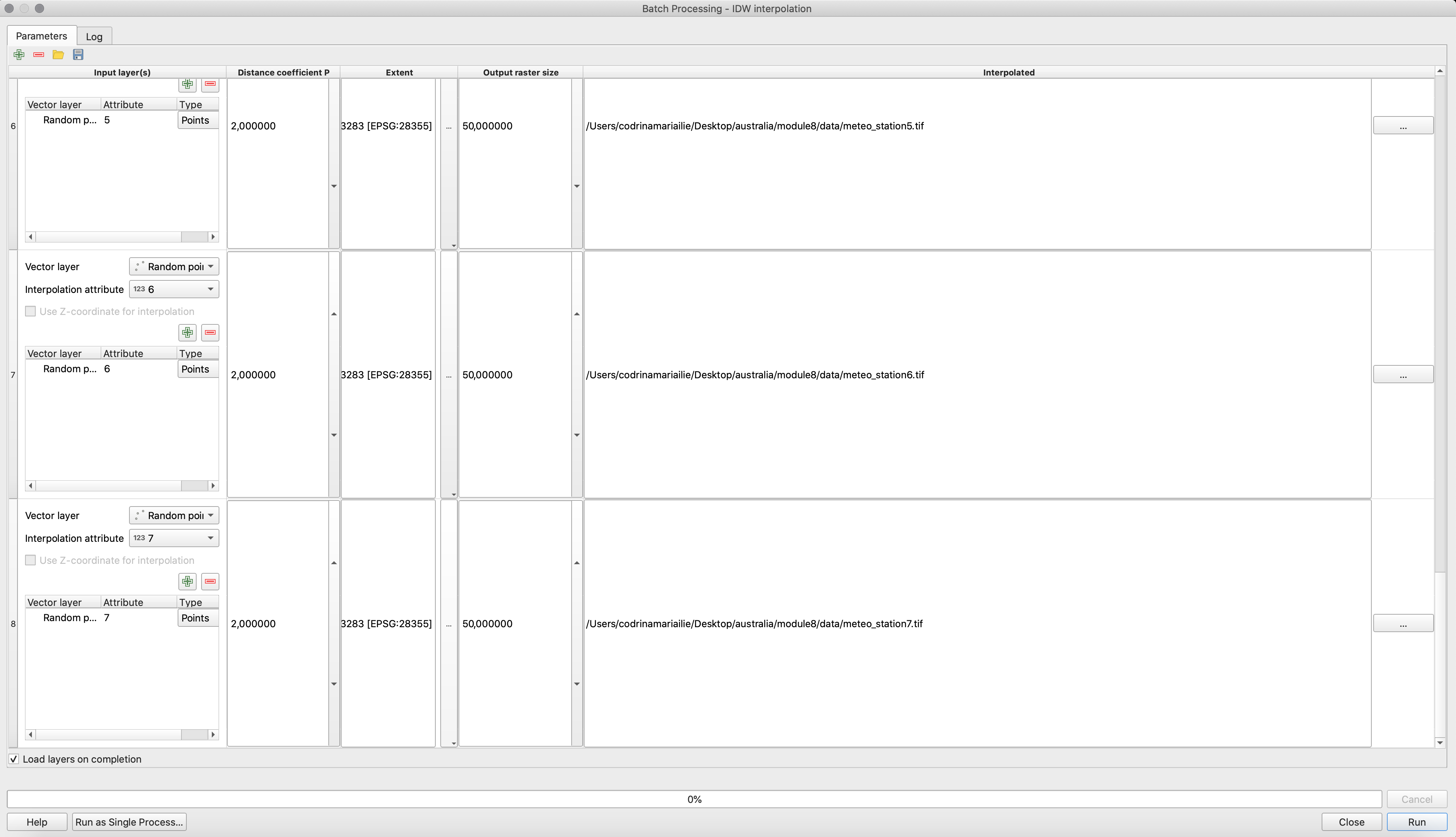 Setting up the batch processing window to interpolate the precipitation values for all 7 days