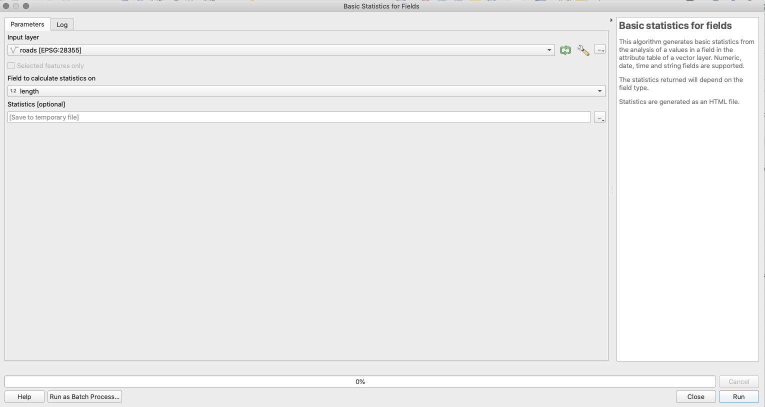 Preparing to run basics statistics for roads layer