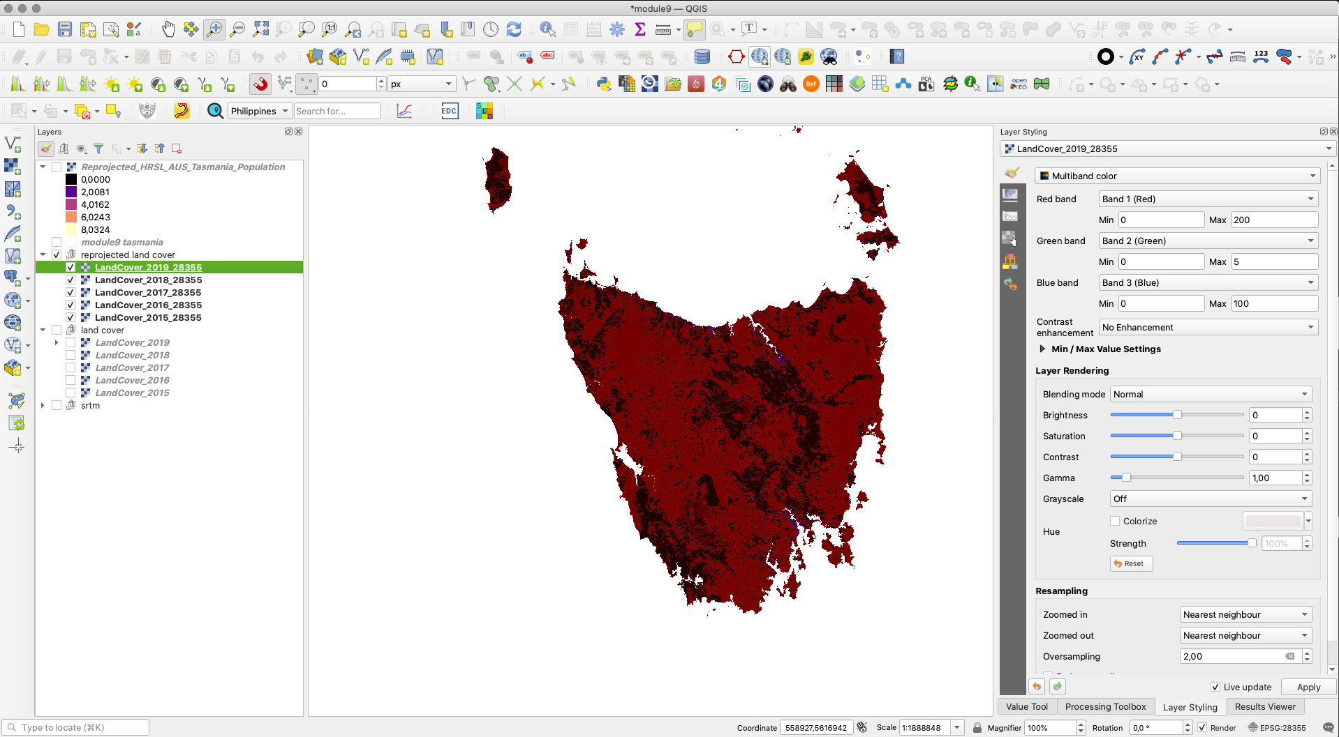 Reprojected land cover rasters