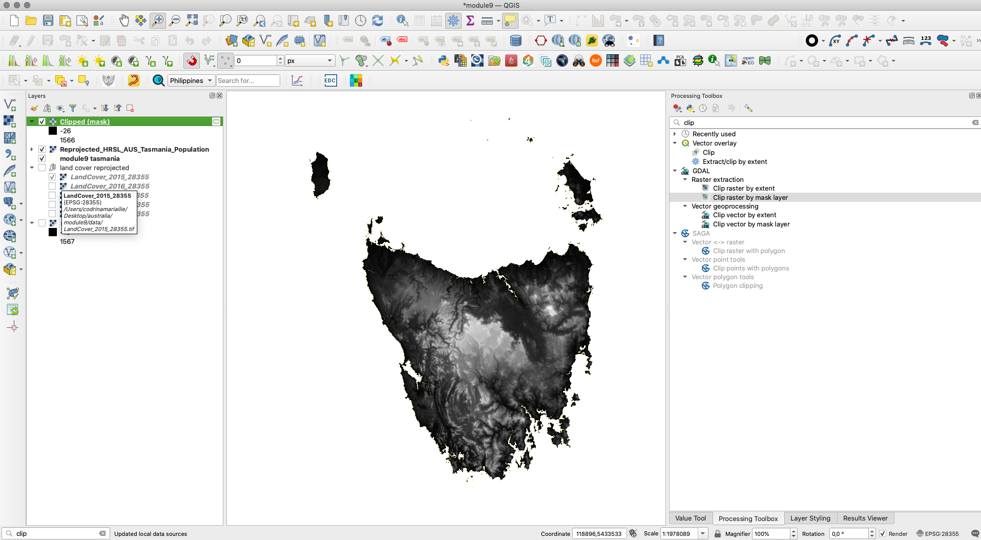 Raster layers clipped by Tasmania contour