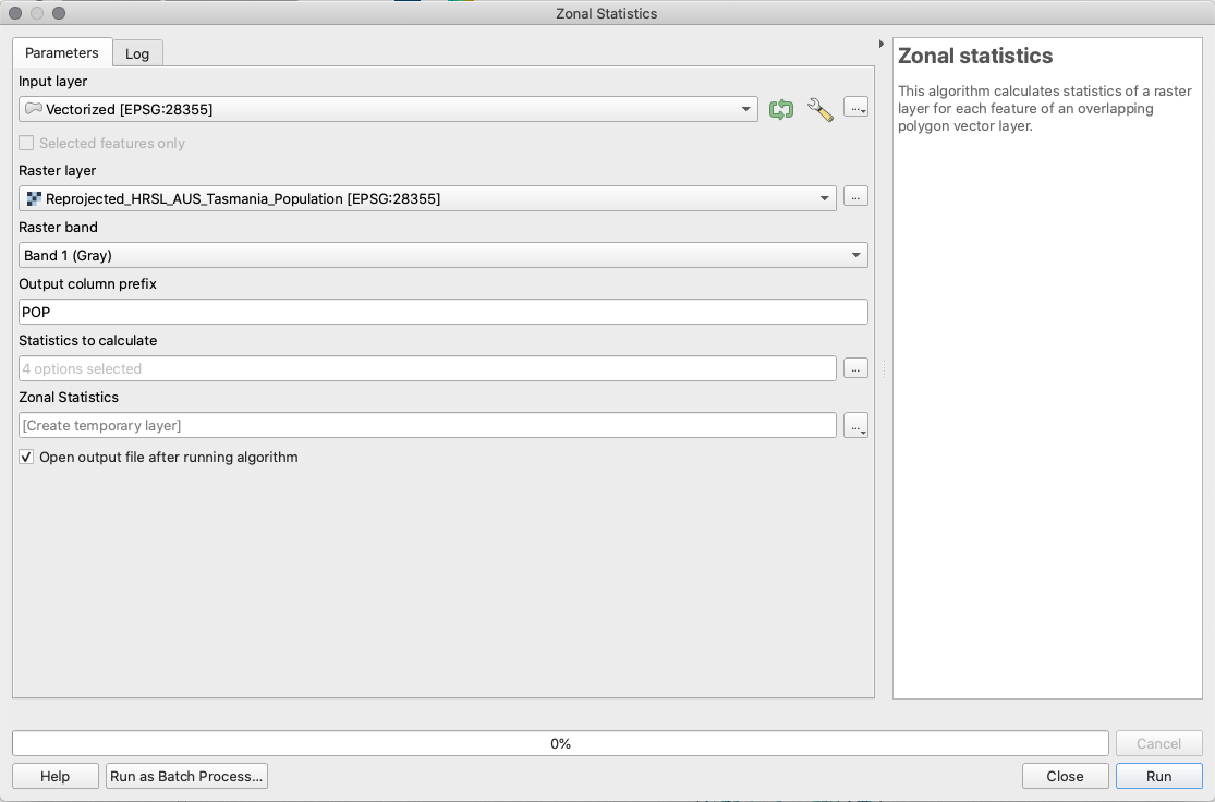 Setting the parameters for Zonal Statistics