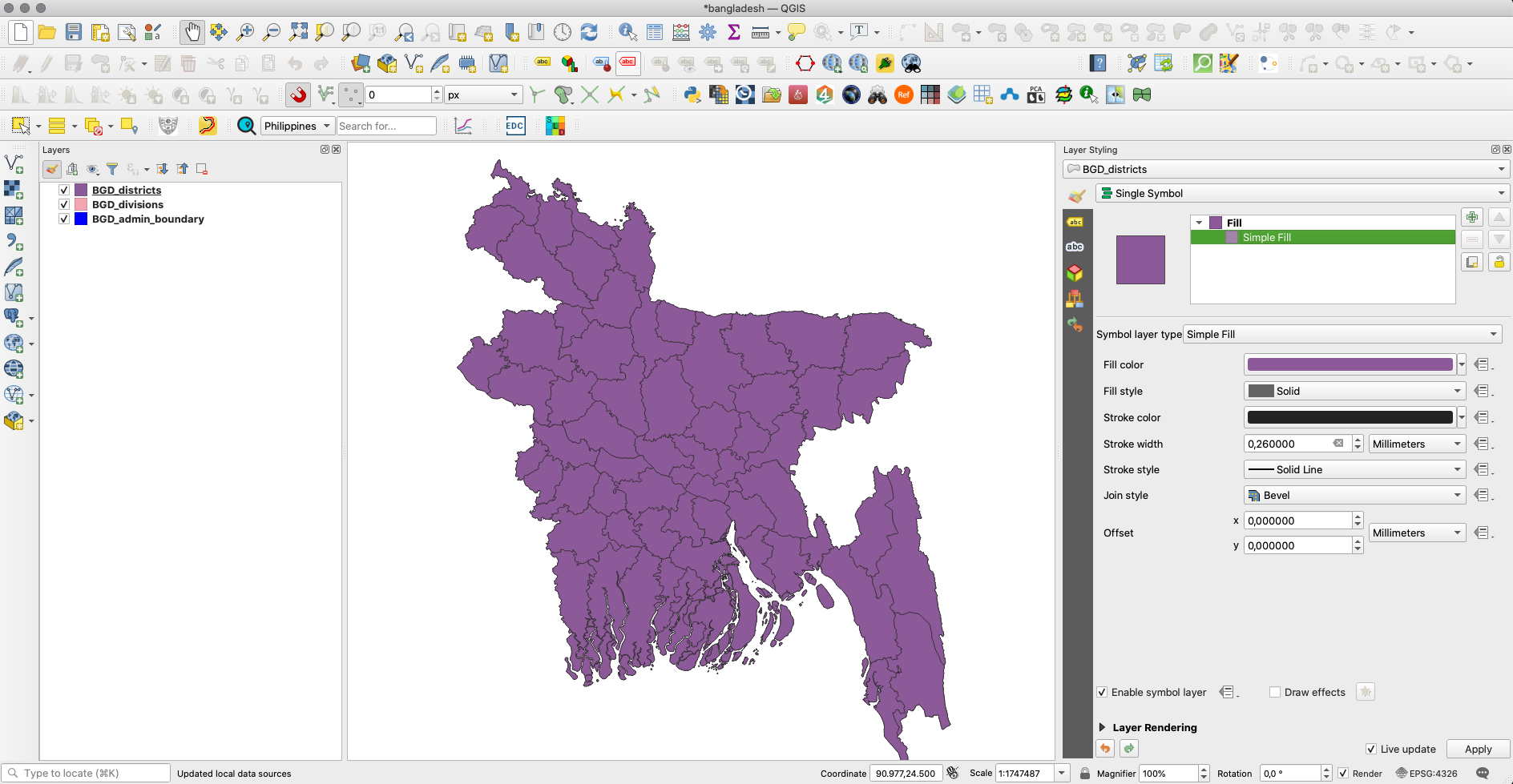 The vector layers loaded in QGIS