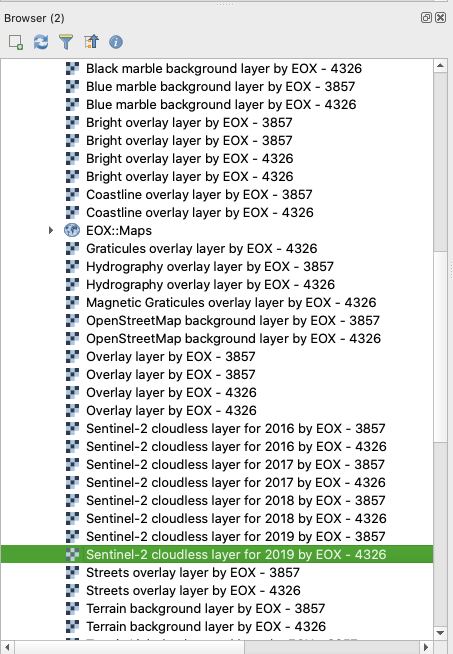 The EOX Sentinel-2 WMS added in the Browser Panel