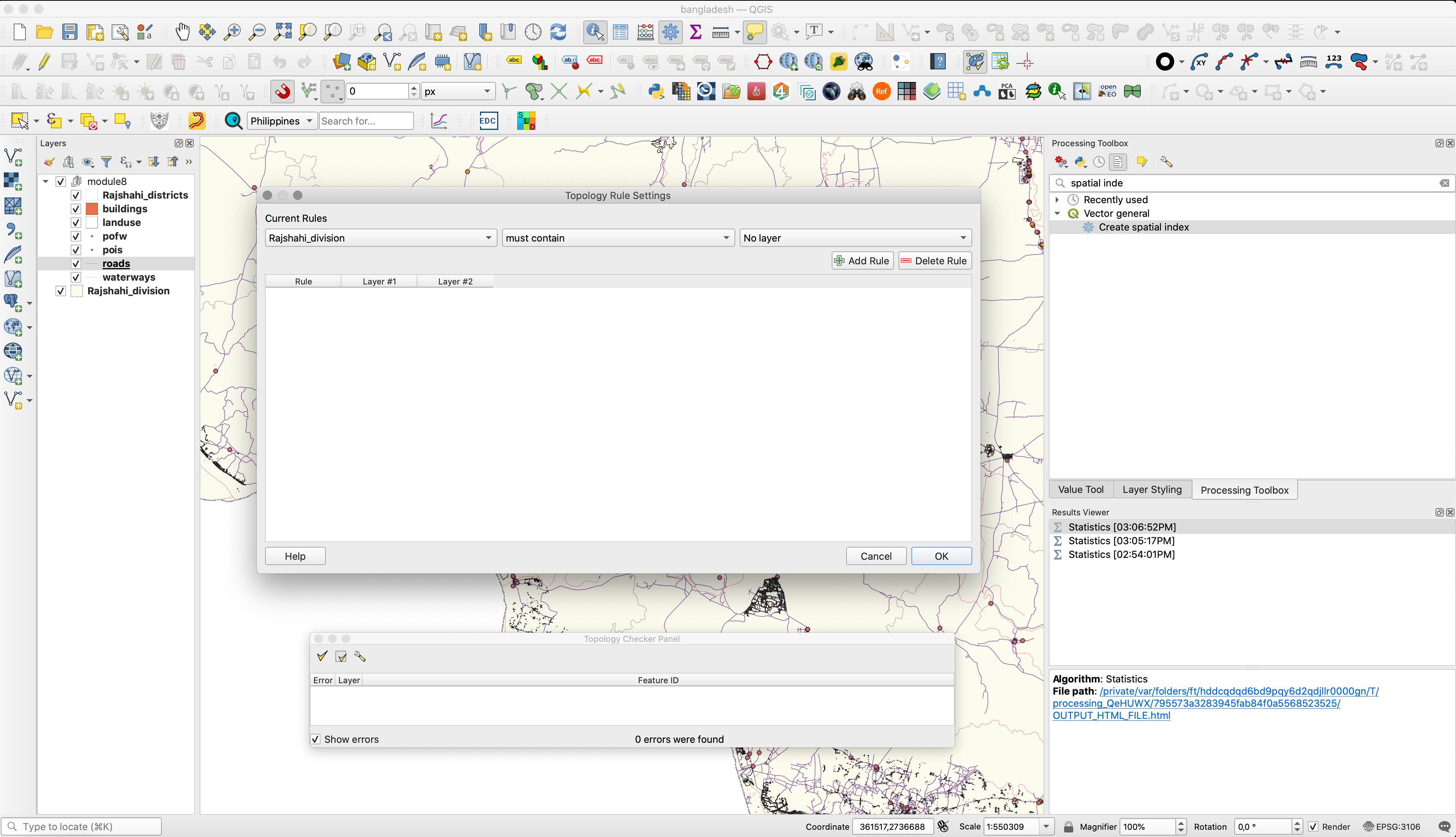 Topology rules dropdown menu based on the selected layer