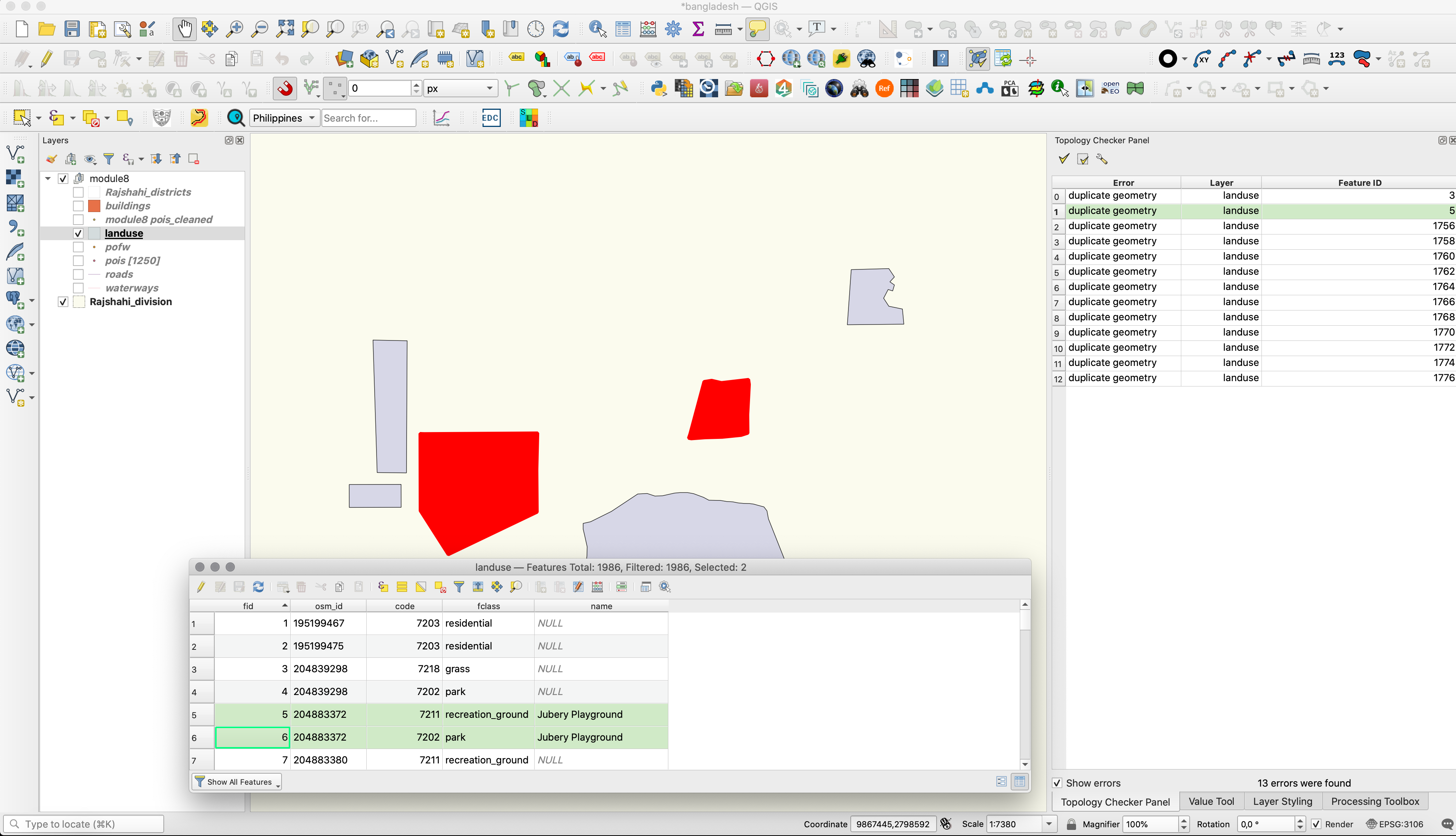 Results of topology check on the landuse vector layer