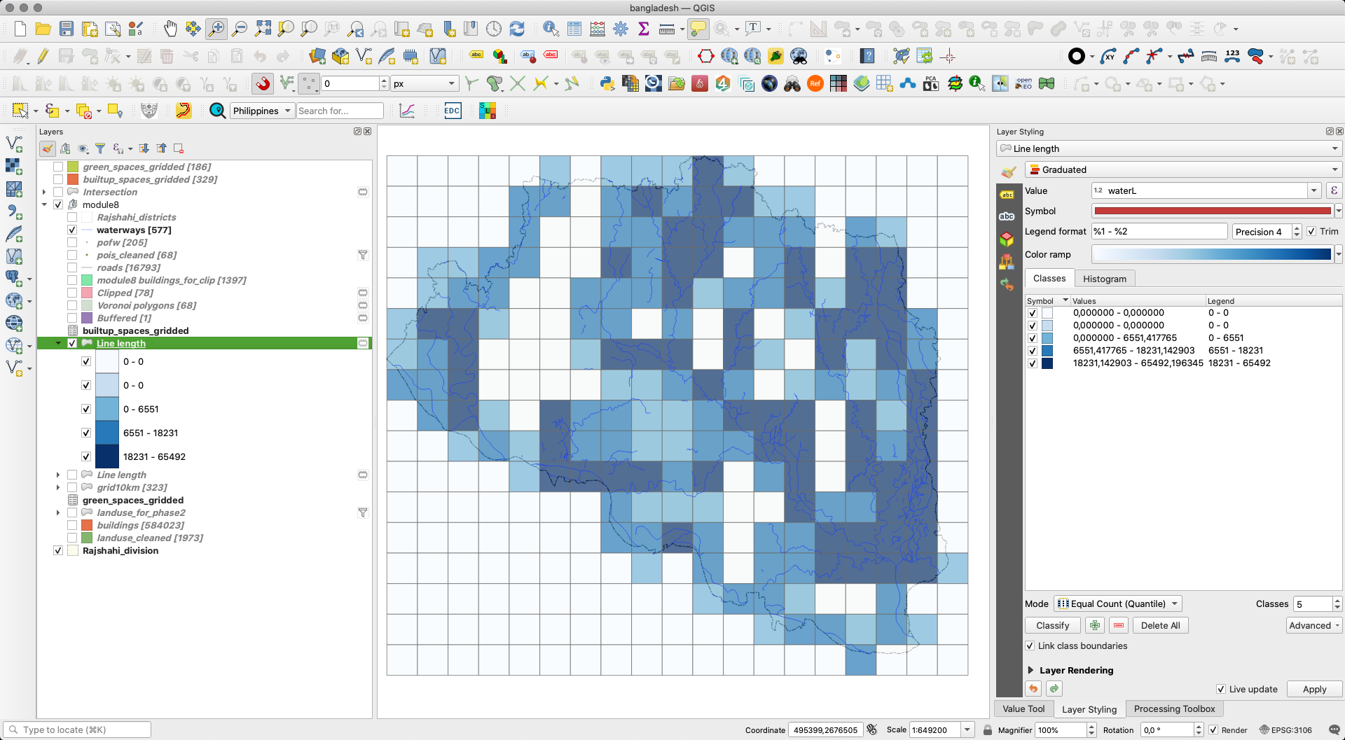 Spatial distribution of 10X10km units with most waterways