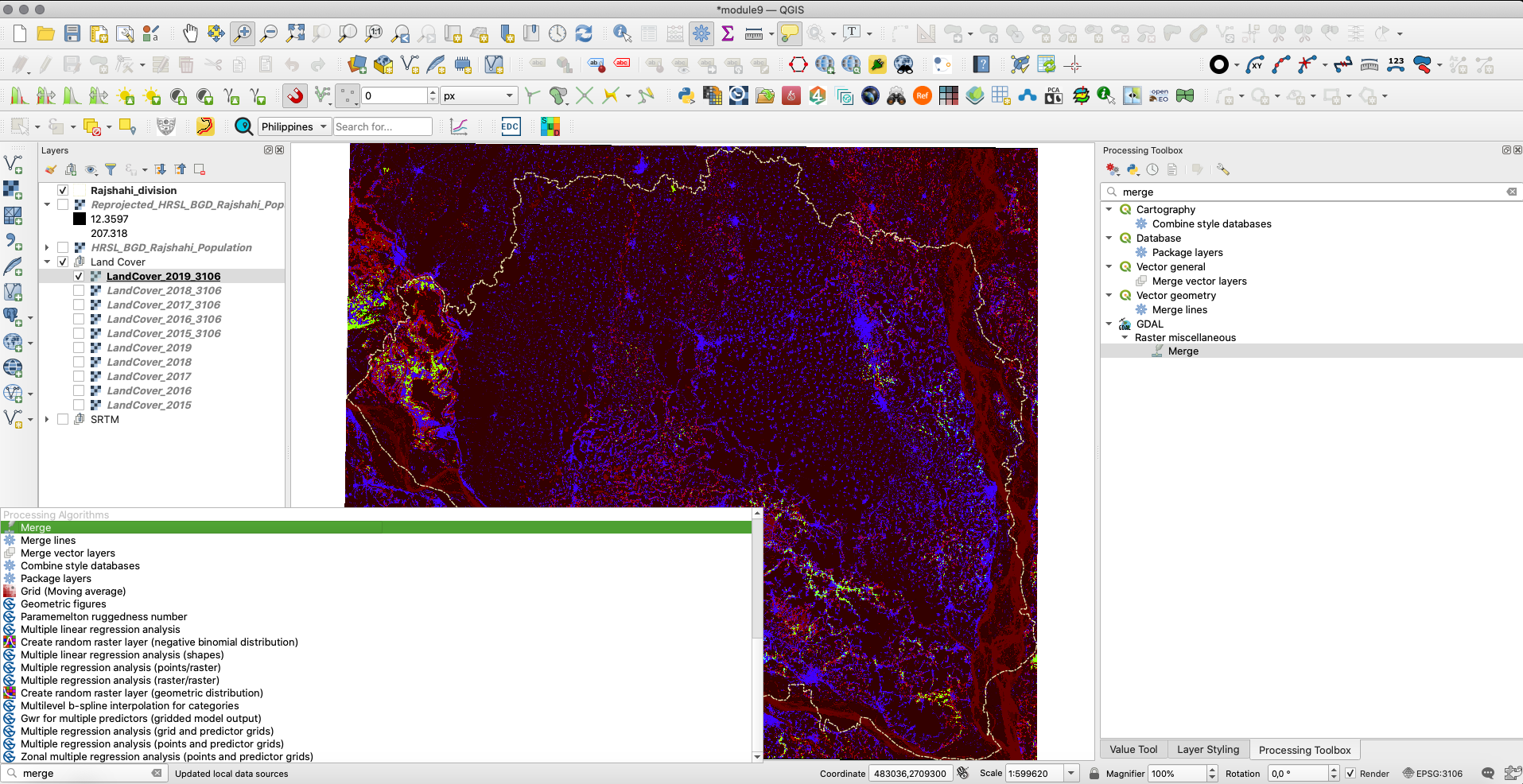 Finding the GDAL merge tool in the Processing Toolbox