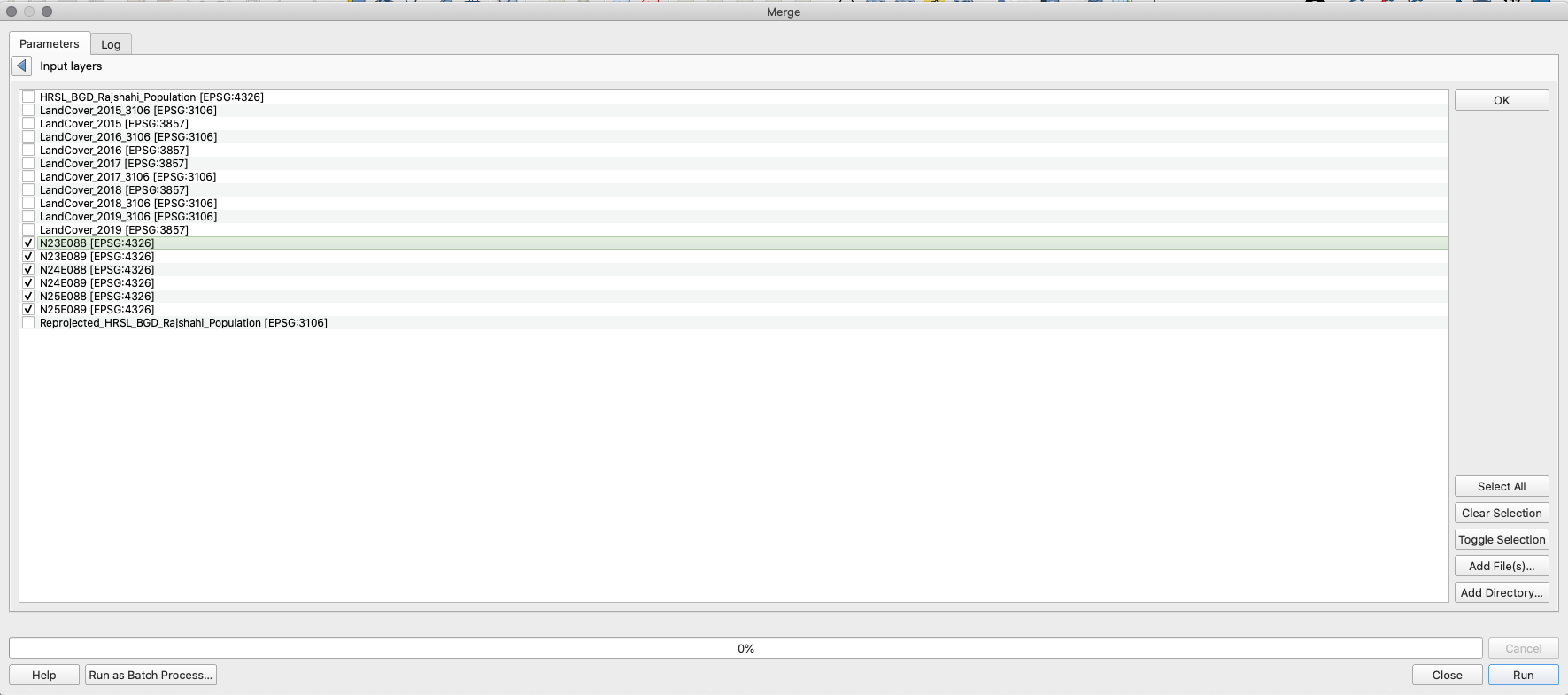 Selecting the SRTM layers to merge