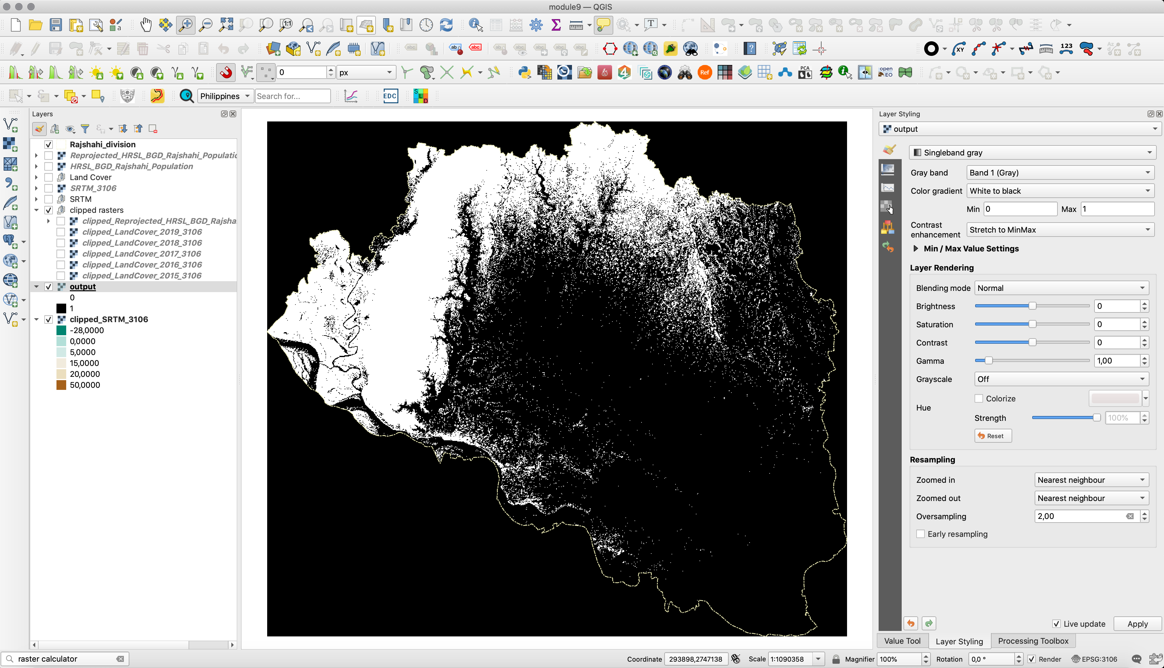 Result of identify all pixel values that are below 20 meters using the Raster Calculator