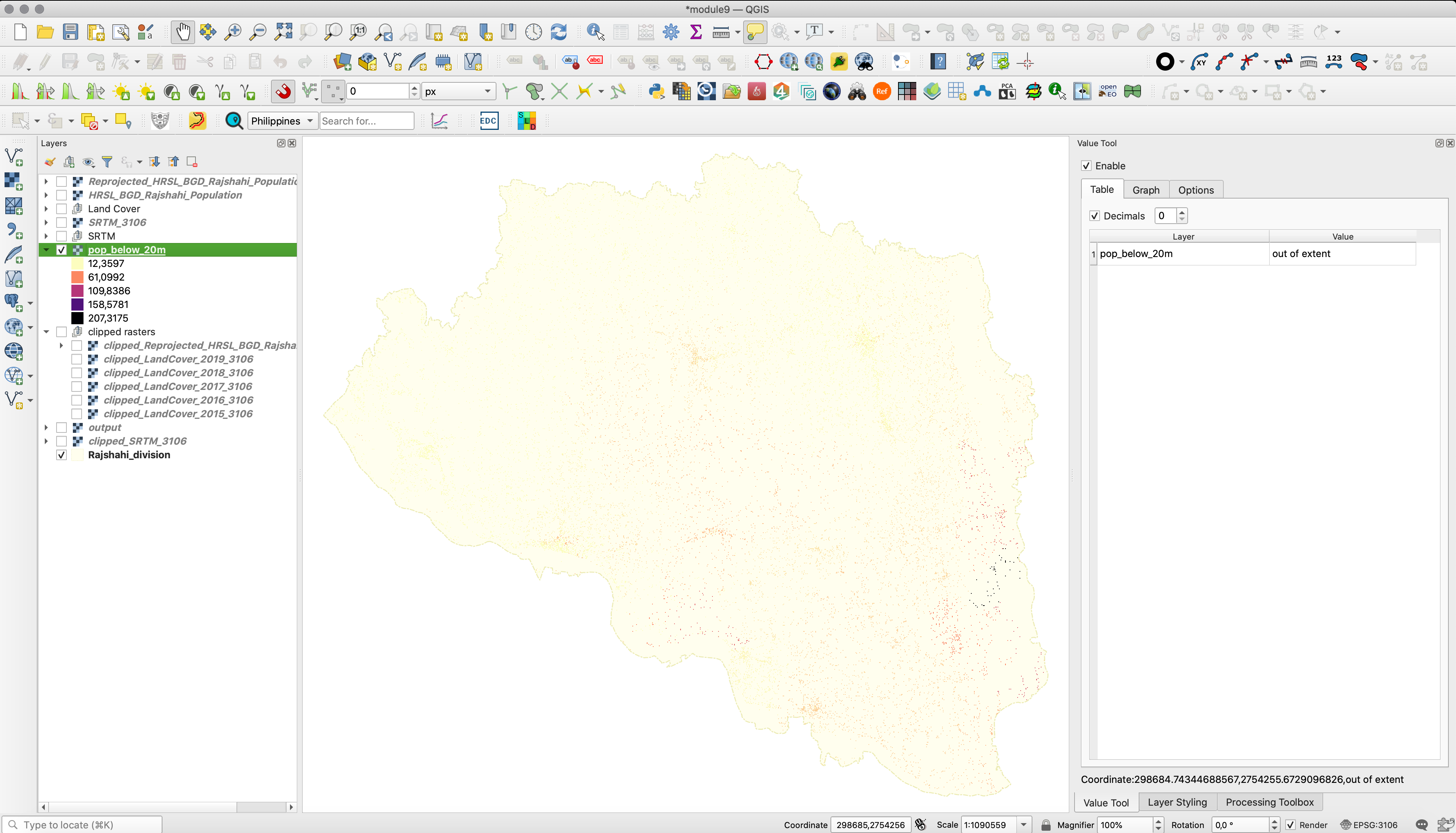 Distribution of population that lives below 20m in Rajshahi division, represented at a 30m resolution