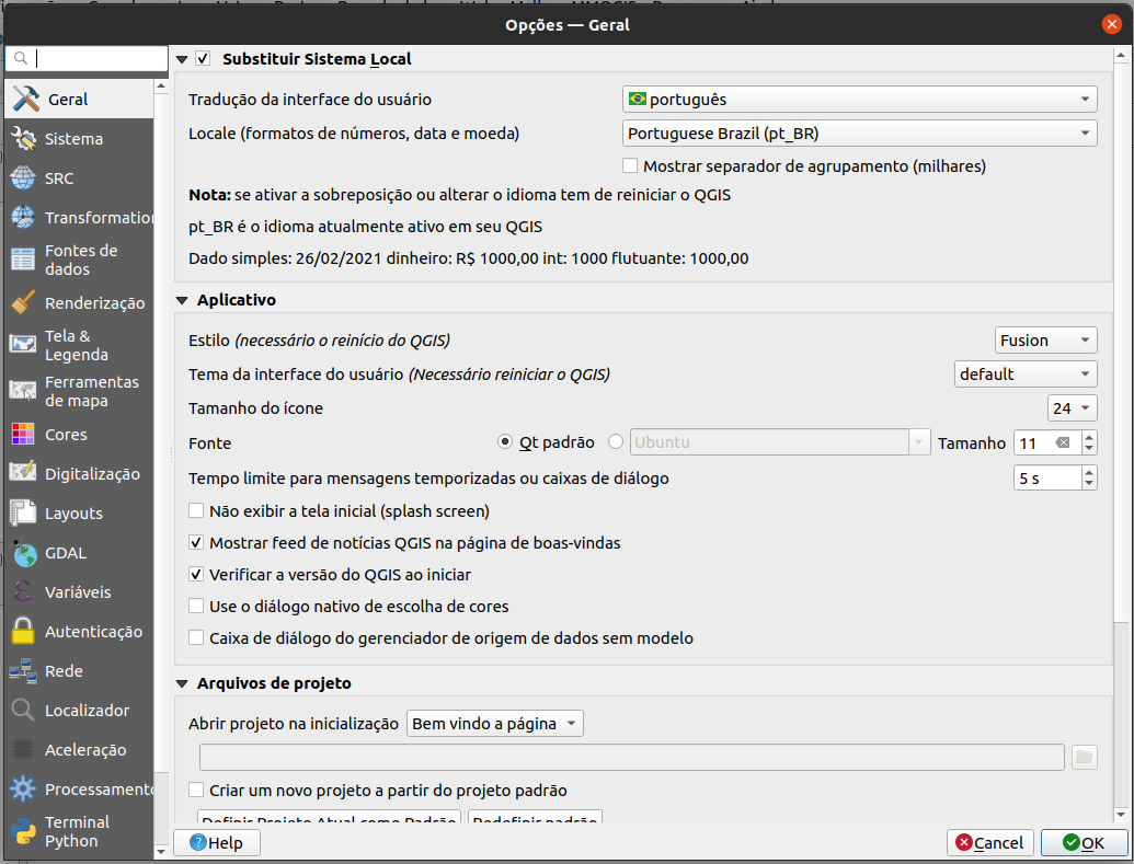 Configurações gerais do QGIS