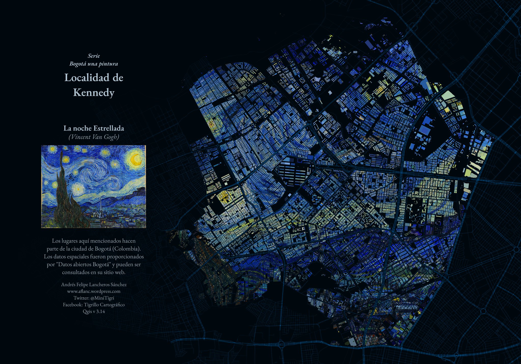 Mapa de Bogotá, Colômbia no estilo Noite Estrelada