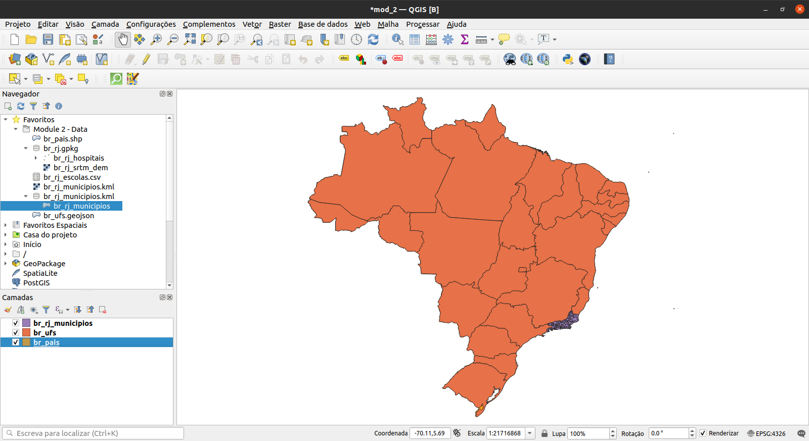 As camadas vetoriais carregadas no QGIS