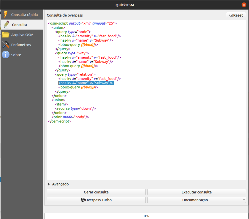Consulta Overpass para carregar fast foods Subway