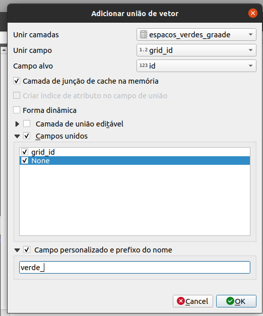 Configurando os parâmetros para unir pelo campo comum grid_id/id as somas dos espaços verdes e construídos para cada célula da grade - unidade de 2X2km