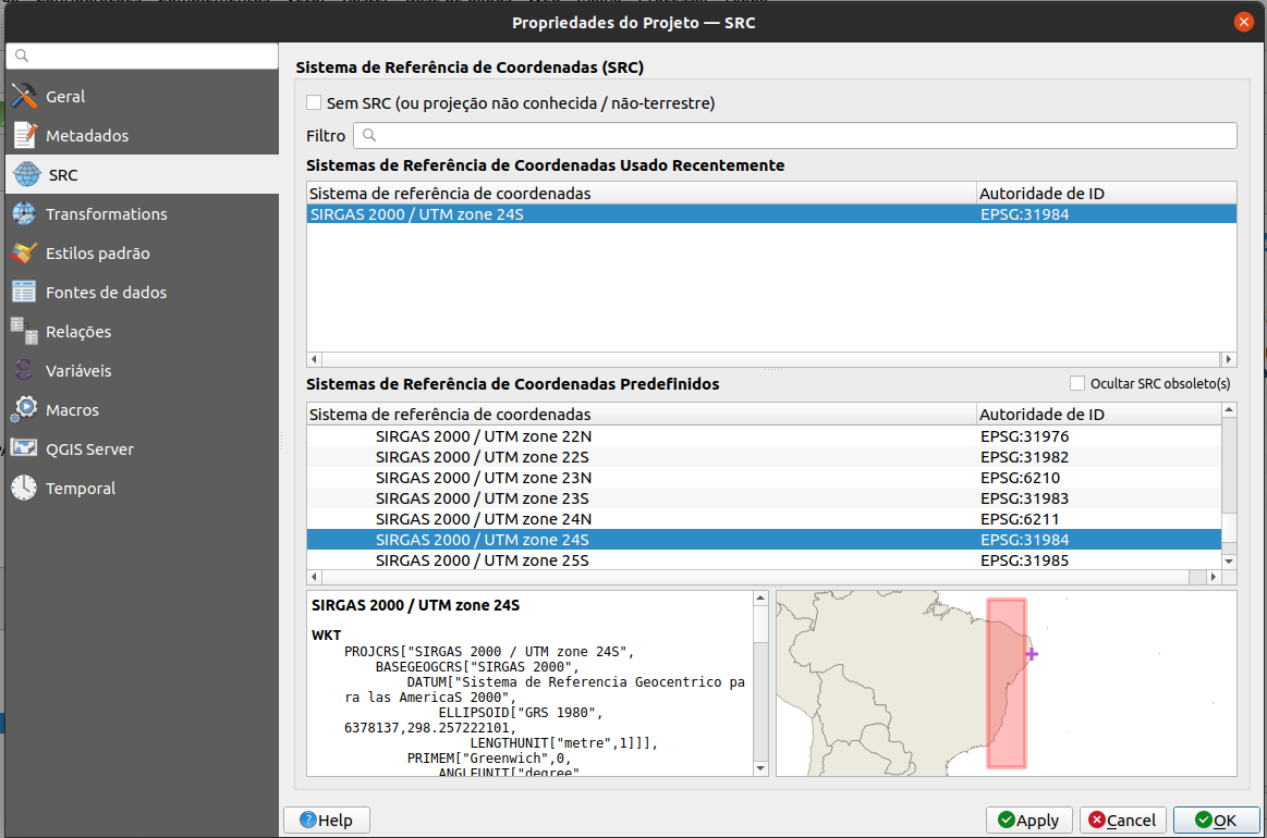 Especificações do sistema de referência de coordenadas usado no projeto QGIS