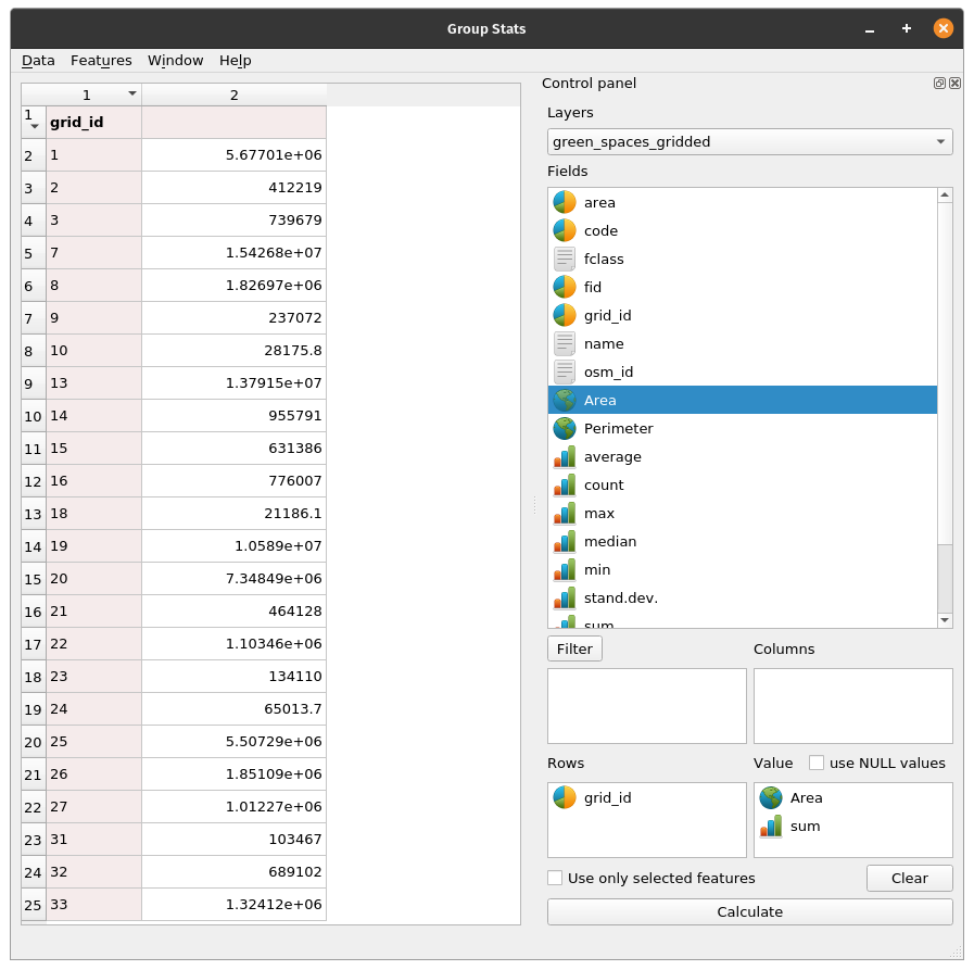 GroupStat parameters setup to sum up the green areas per each 5X5km grid cell