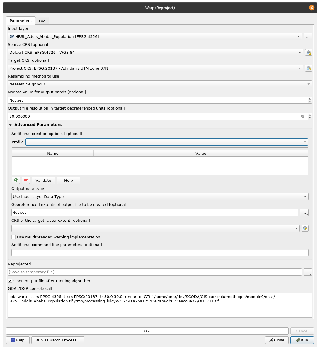 Batch processing tab on a QGIS functionality window