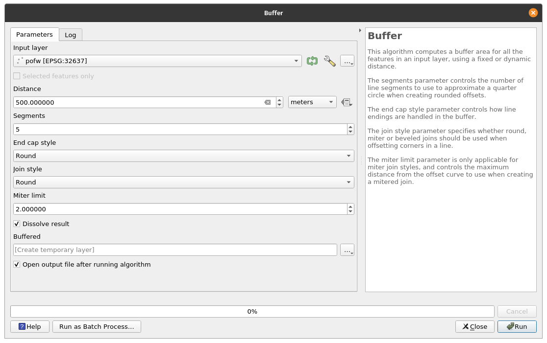 Setting the parameters for a 500 m buffer around the places of worship