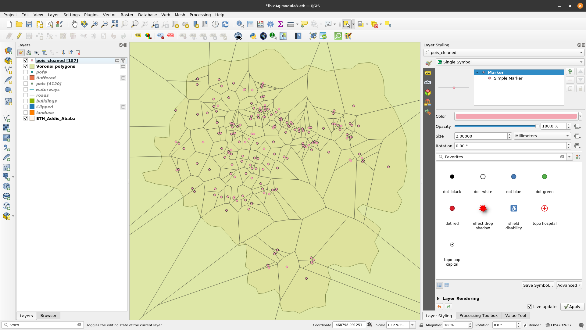 Results of applying Thiessen (Voronoi) polygons algorithm to a point vector layer