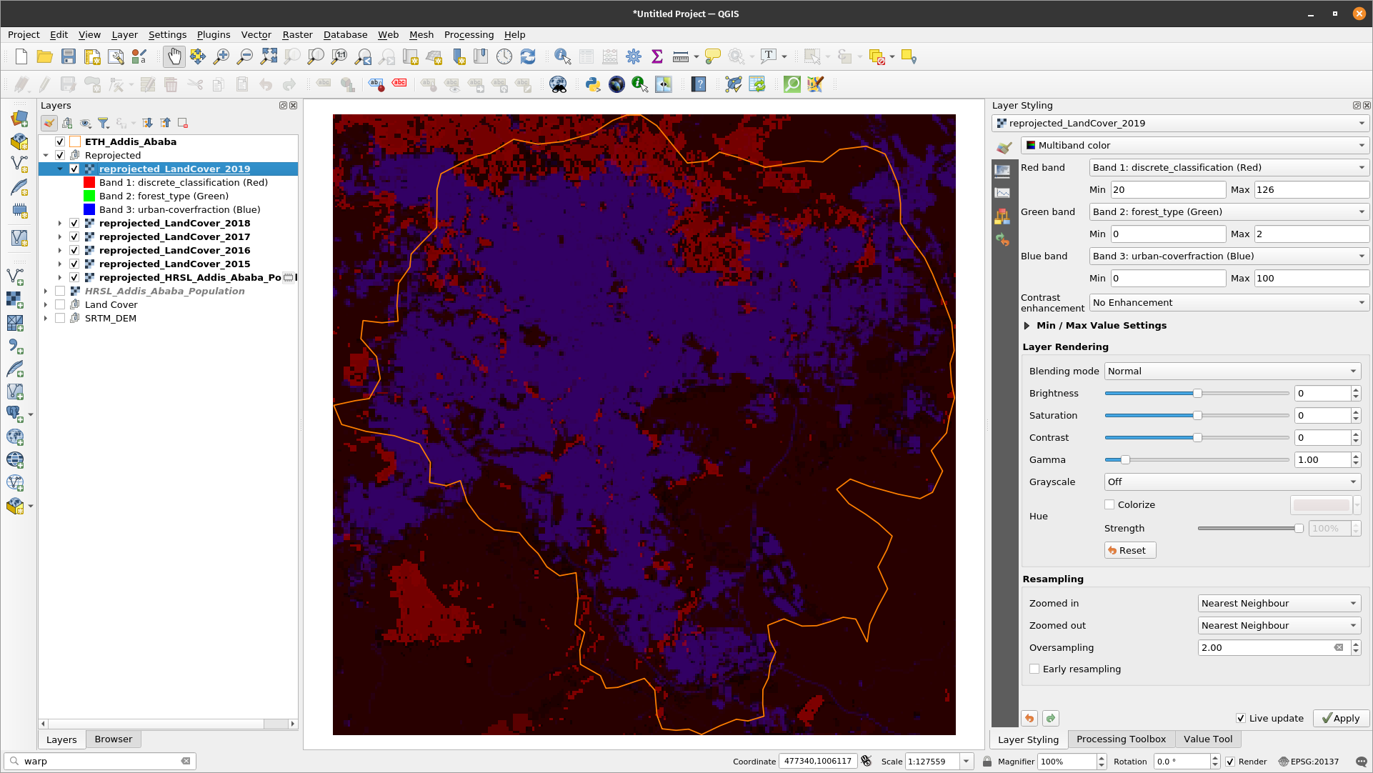 Reprojected land cover rasters