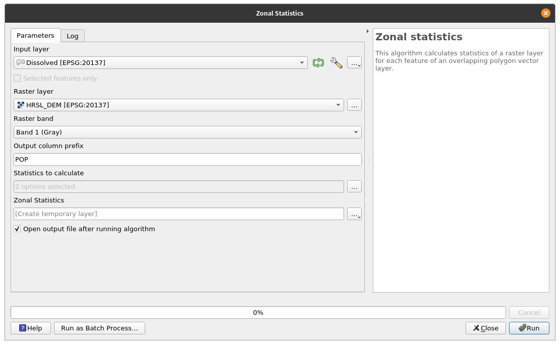 Setting the parameters for Zonal Statistics