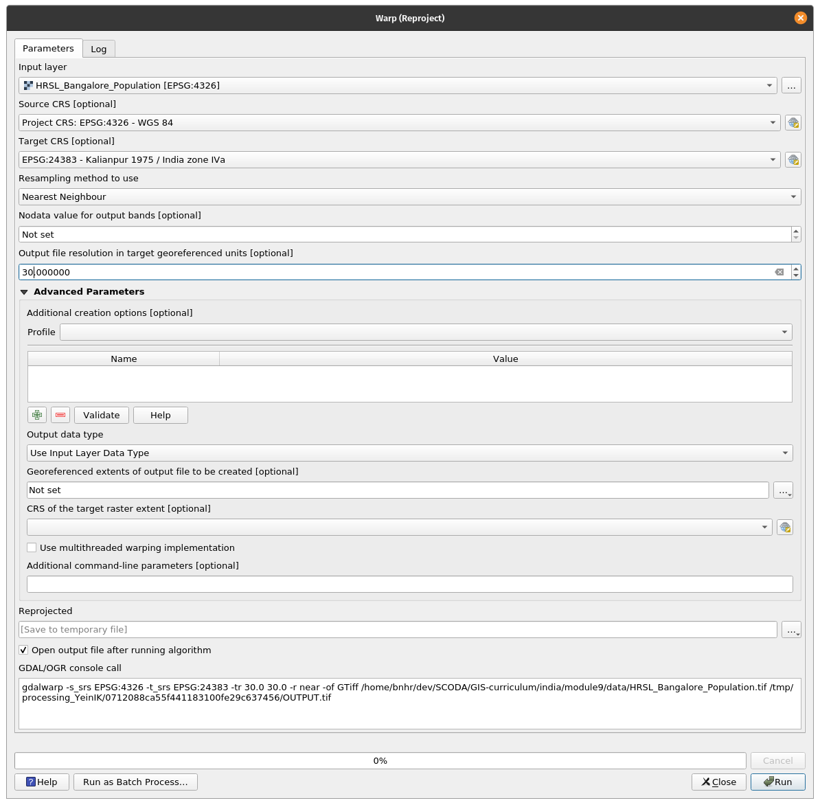 Warp (reproject) QGIS window