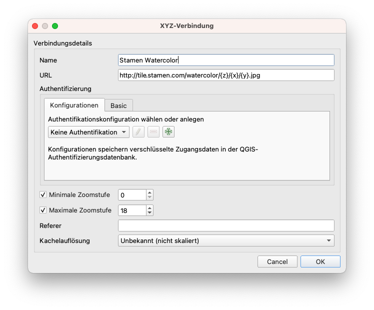 Hinzufügen einer XYZ-Verbindung in QGIS