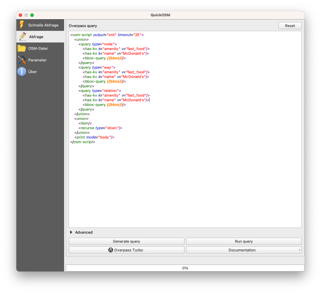 Overpass-Abfrage, um nur Fastfood-Filialen mit dem Namen McDonald's