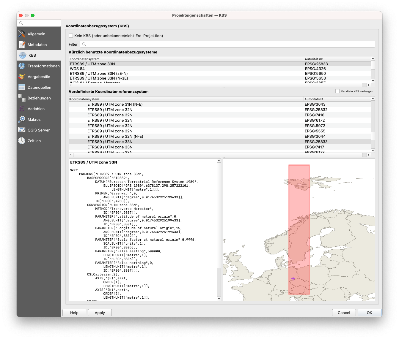 Angaben zum im QGIS-Projekt verwendeten Koordinatenreferenzsystem