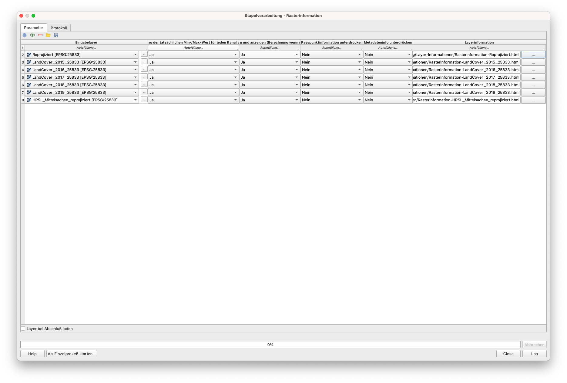 Stapelverarbeitung zum Extrahieren von Informationen in eine separate HTML-Datei für mehrere Raster-Layer