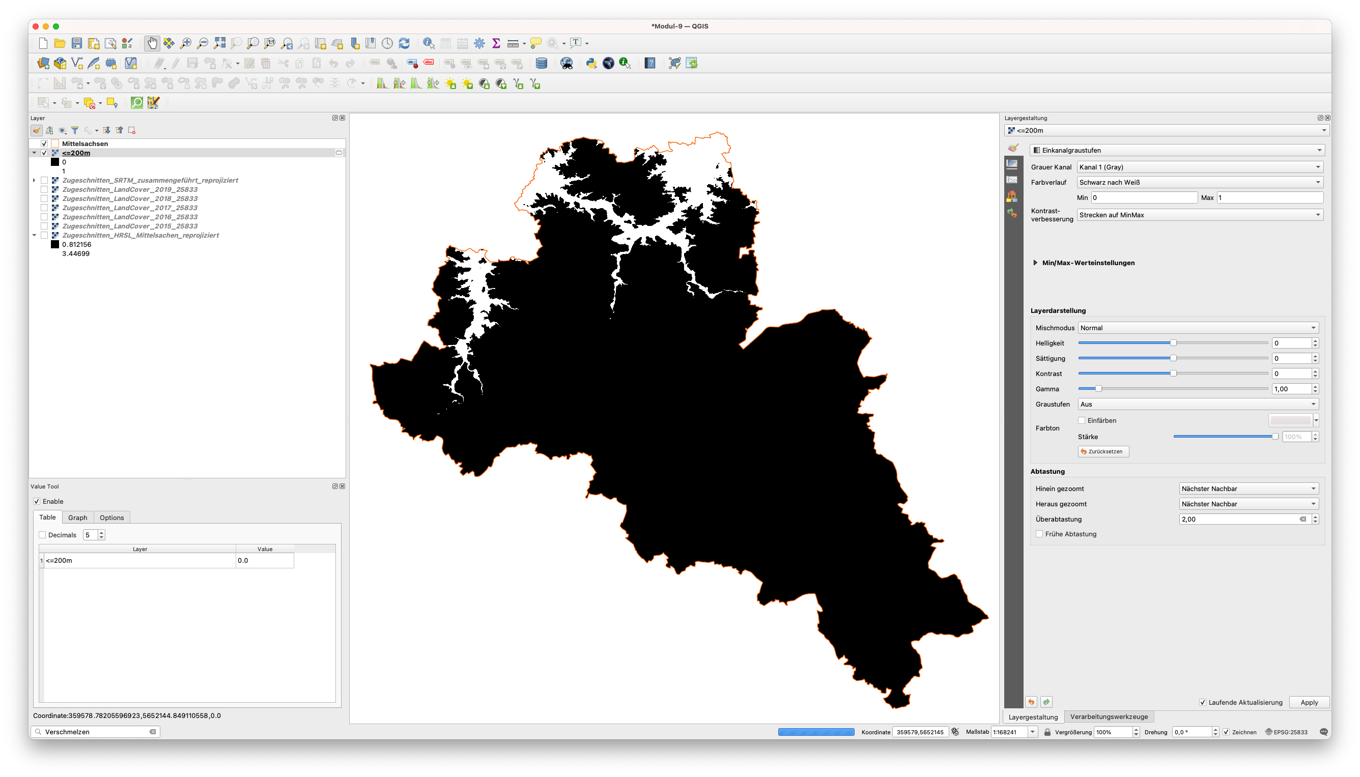 Neuer Layer mit allen Pixeln unter 200 Metern, erstellt mit dem Raster Calculator