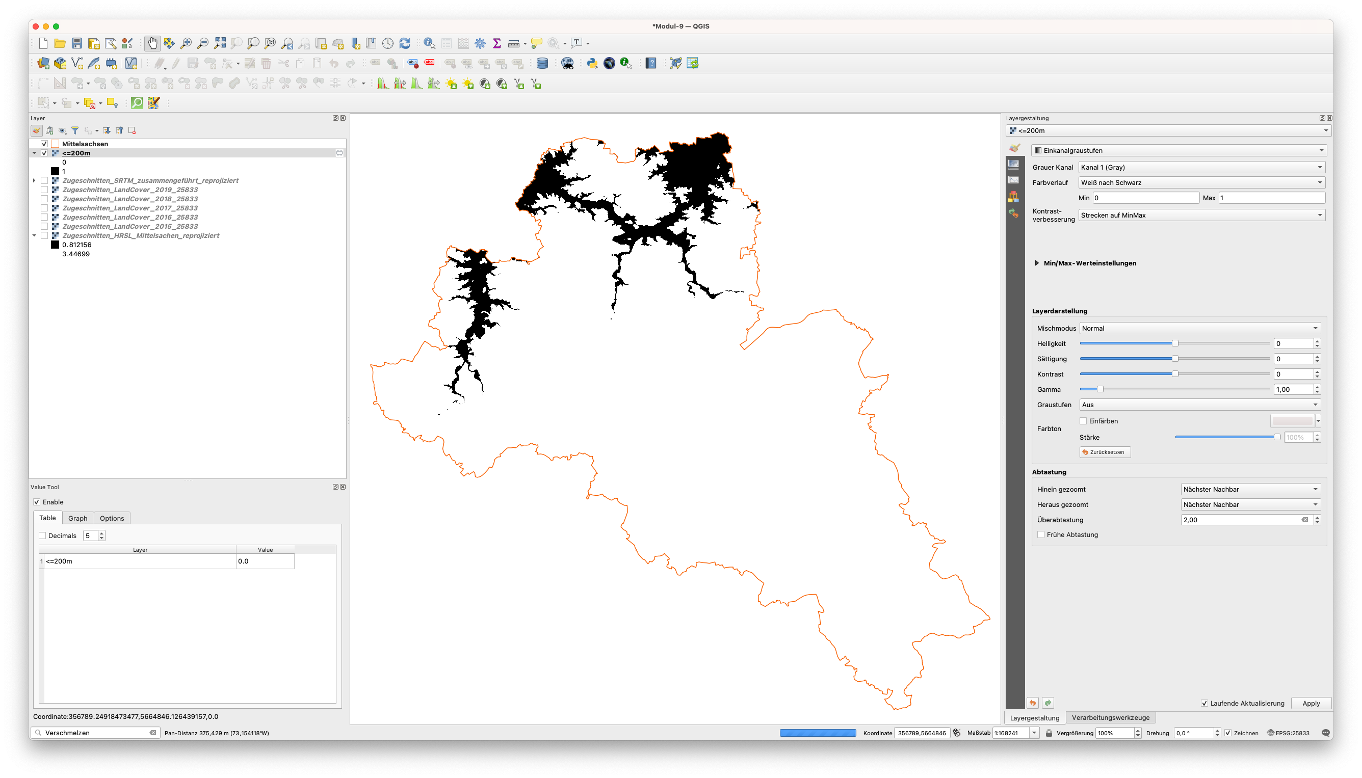 Räumliche Verteilung aller Pixel mit dem Wert 1, d. h. mit einer Höhe von weniger als 200 Metern