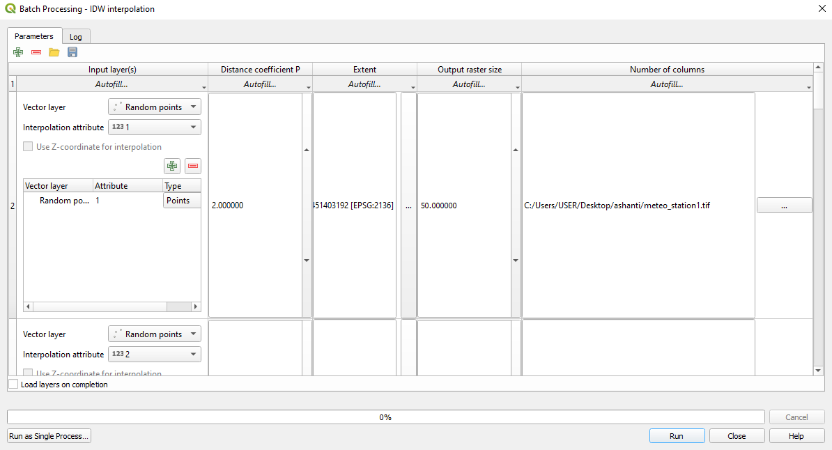 Setting up the batch processing window to interpolate the precipitation values for all 7 days