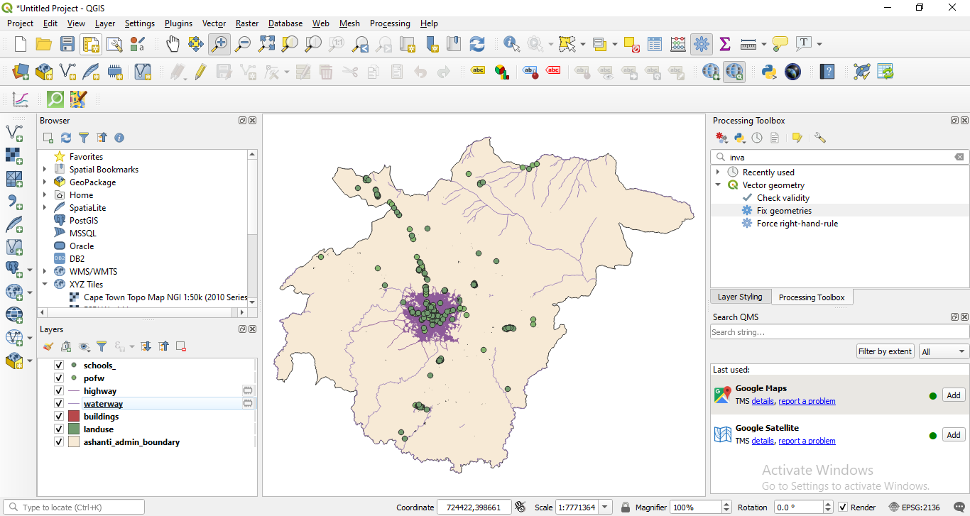 Loaded vector data sets: points, line and polygons