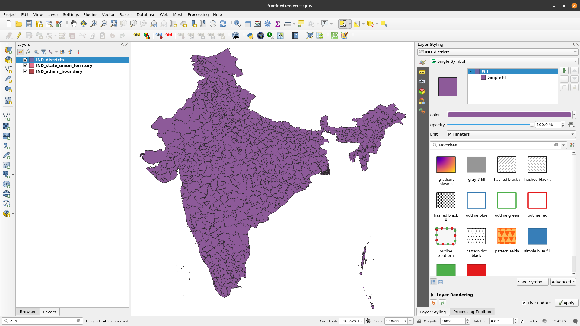 The vector layers loaded in QGIS