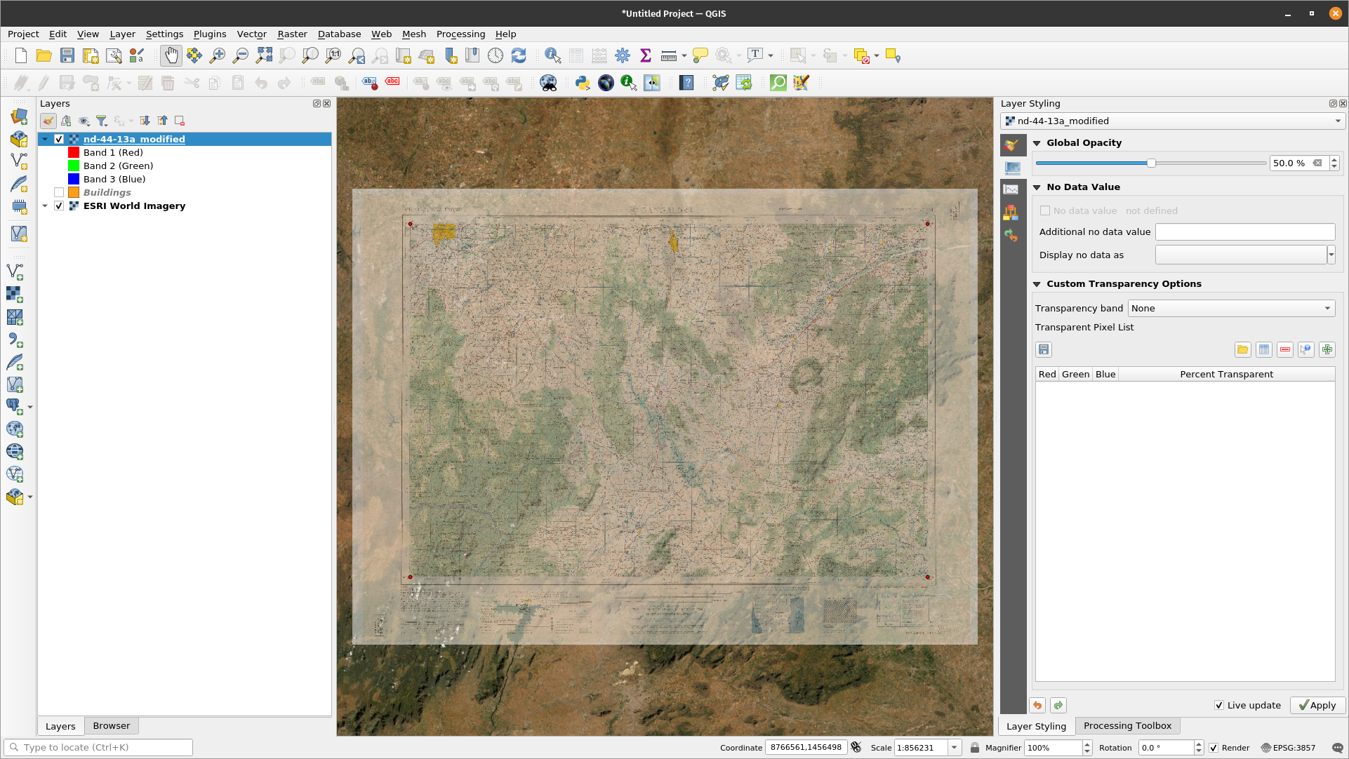 Georeferenced map loaded in QGIS