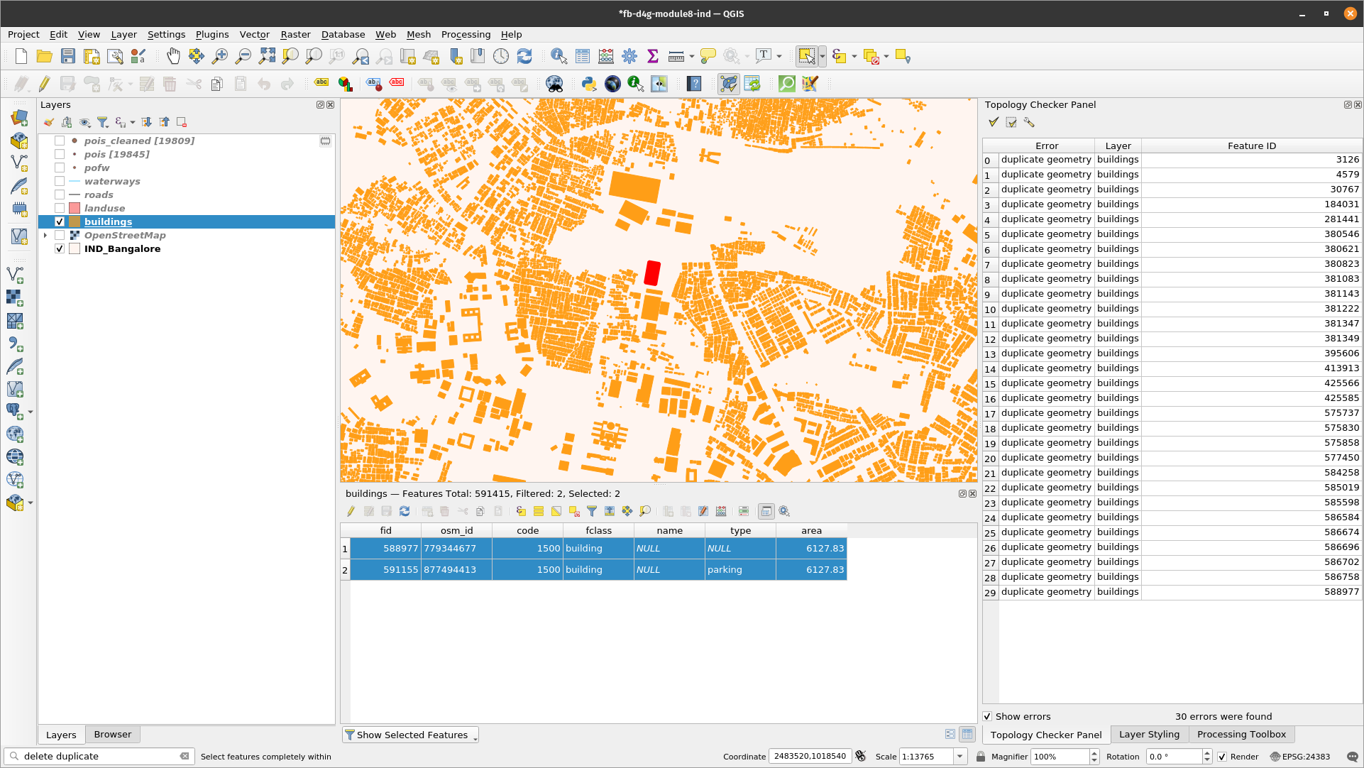 Results of topology check on the buildings vector layer